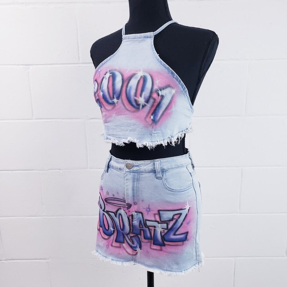Vintage Dolls Kill x BRATZ Halter Top & Mini Skirt Medium Denim Graffiti Graphic